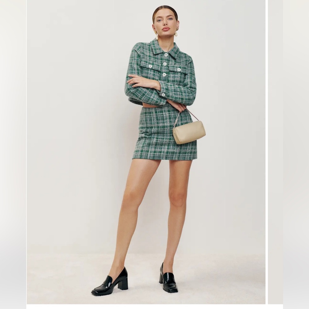 Reformation Peggy Cropped Jacket Green Tweed - Size S